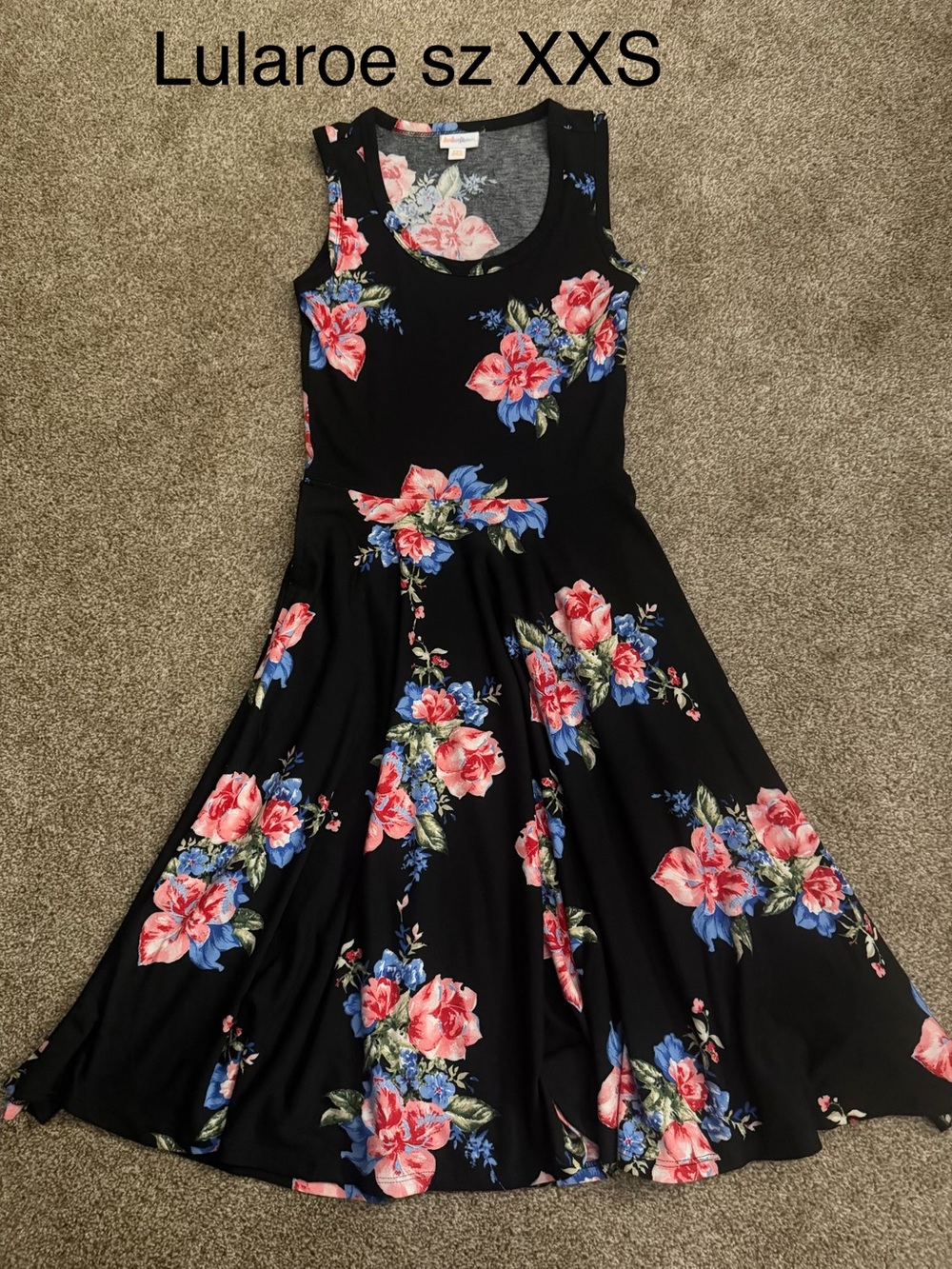 LuLaRoe Black Floral Sleeveless Flare Dress sz XXS